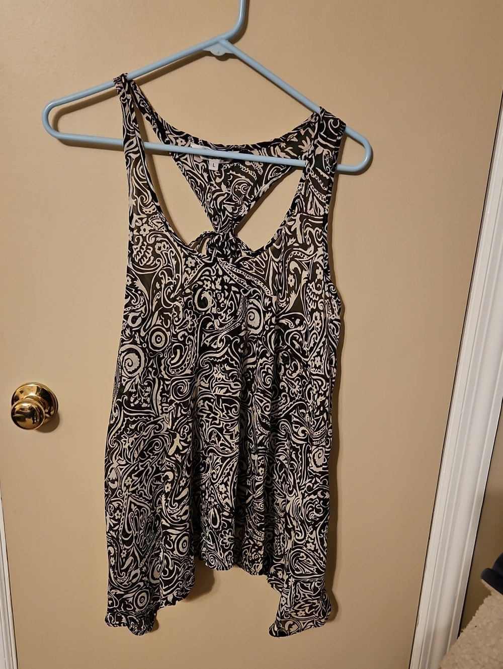 Tramp Black and White Paisley Sheer Tank with Twist Back